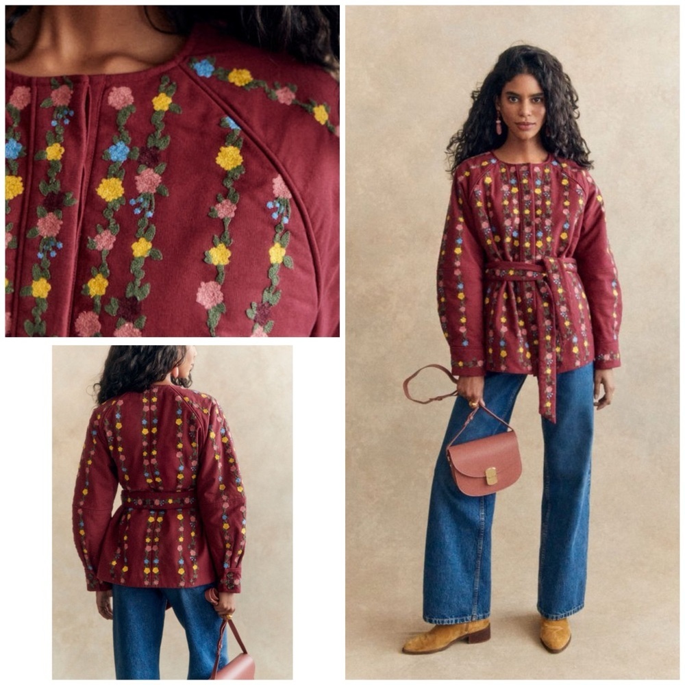 NWT SÉZANE X AIMIE Renato Floral Embroidery Belted Burgundy Utility Jacket US 2​